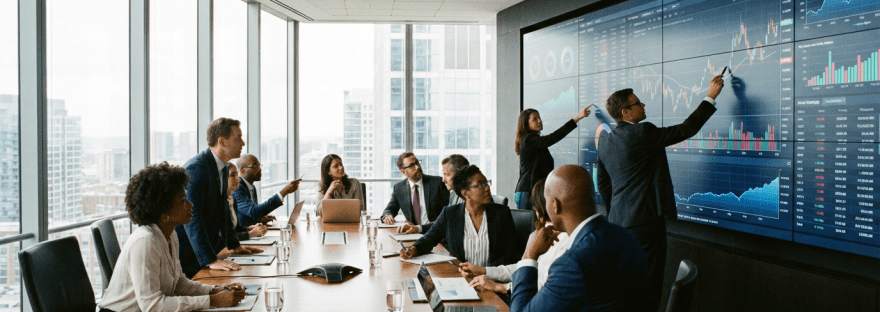 Professionals in a boardroom analyzing financial charts on a large digital screen.