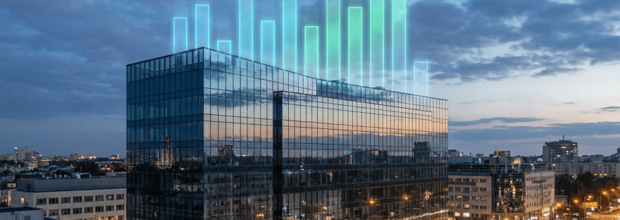 Modern glass office building at twilight featuring an overlaid digital bar graph.