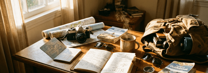 Vintage camera, maps, and a travel journal on a sunlit wooden desk.