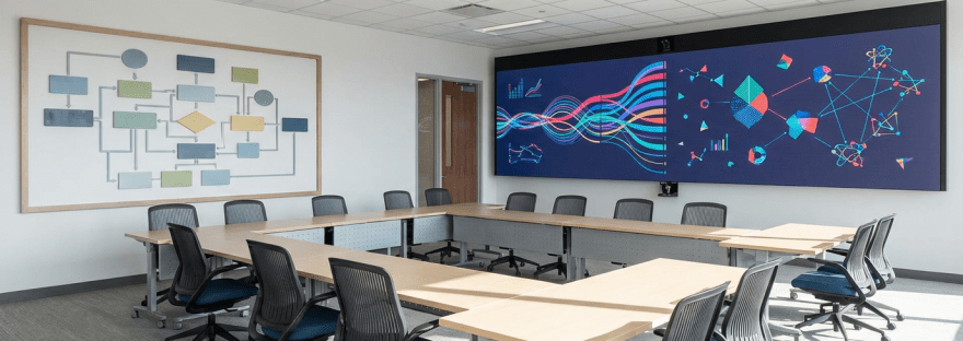 Modern conference room with a U-shaped table and a large screen displaying colorful data visualizations.