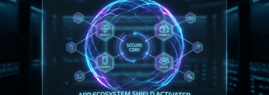 Interface showing SECURE CORE protecting HEALTH, FINANCE, and SOCIAL apps; APP ECOSYSTEM SHIELD ACTIVATED.