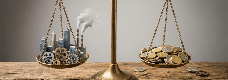 Brass scales weighing a miniature industrial city and gears against a pile of coins.