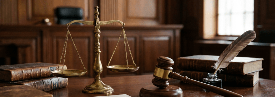Brass scales, wooden gavel, and document titled JUSTICE on a courtroom desk.