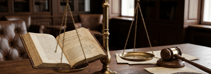 Brass scales of justice with an open book and gavel on a wooden desk.