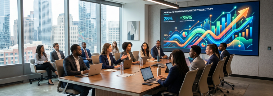 Business meeting with diverse professionals discussing growth data displayed on a large screen