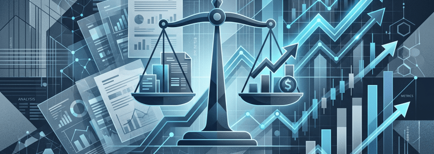 Scales balancing financial documents and bar charts with upward arrows
