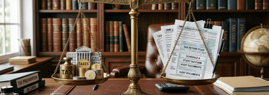 Brass balance scale weighing tax coins and government symbols against tax return forms and audit documents