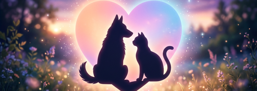 Silhouettes of a dog and cat sitting together inside a glowing heart shape surrounded by flowers and sparkles