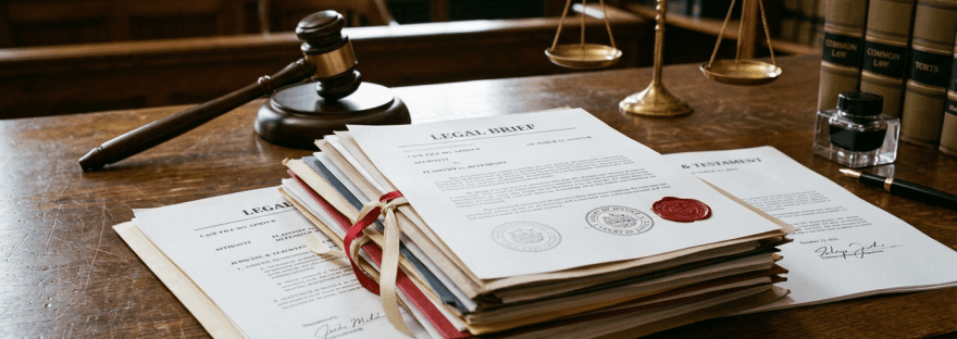 Stack of legal briefs with seals on a wooden desk next to a gavel and scales of justice