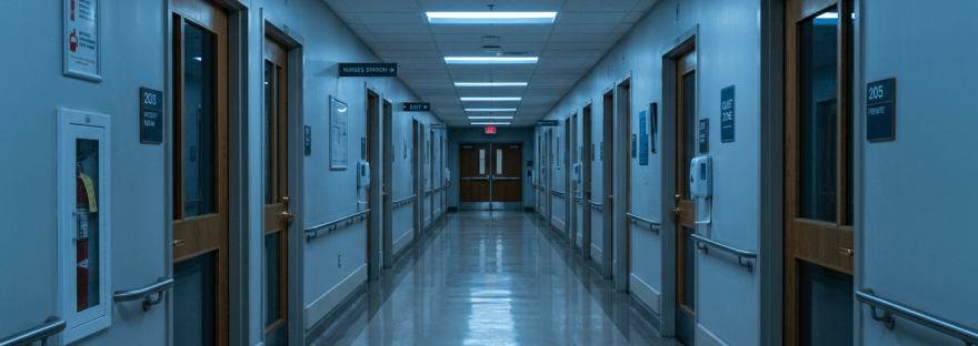 Hospital corridor with numbered patient room doors and medical signage