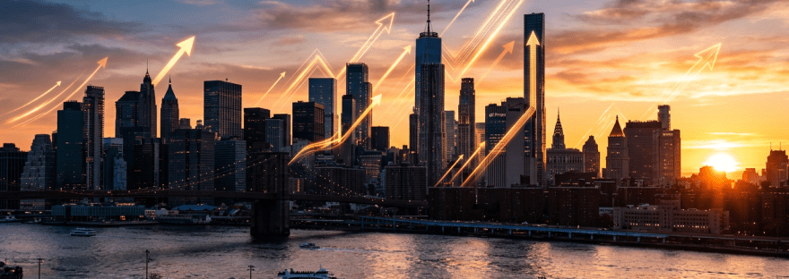 City skyline at sunset with illuminated upward arrows symbolizing growth