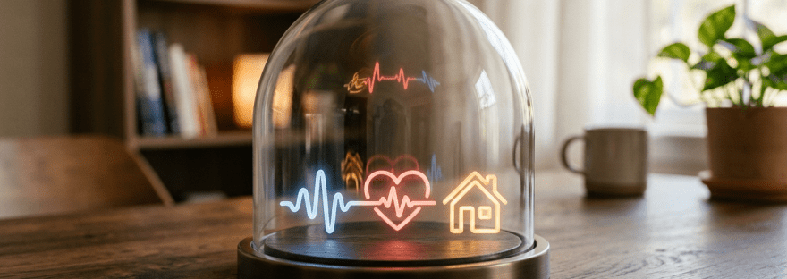 Neon icons of heartbeat and house inside glass dome on wooden table