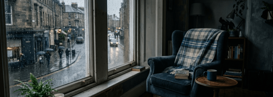 Armchair with book and blanket near rainy window overlooking street