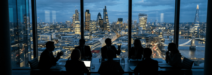 Silhouetted group of business people in a meeting room overlooking illuminated London skyscrapers and Tower Bridge at dusk