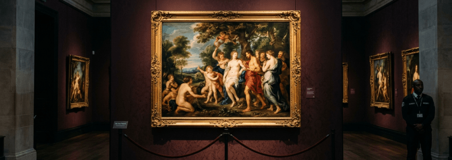 Classical painting in secure gallery with spotlights