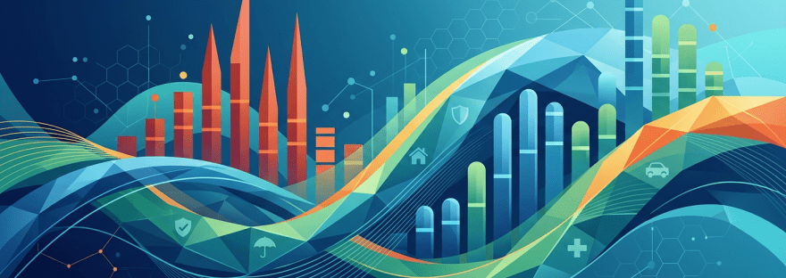 Abstract colorful waves with bar graphs and icons for house, car, health, and umbrella