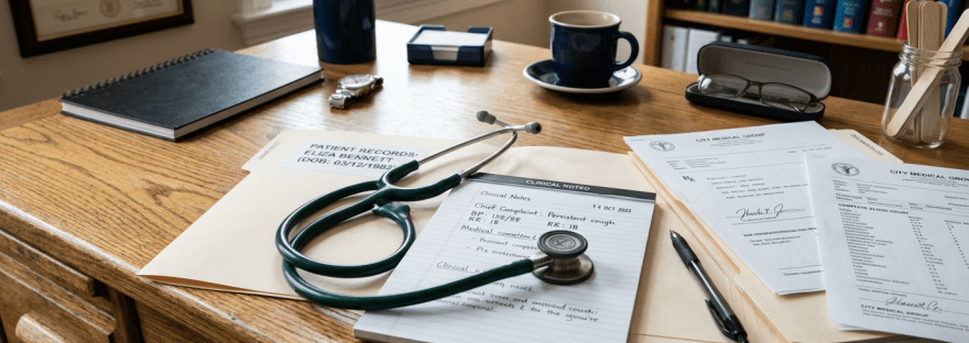 Medical desk with patient records, stethoscope, clinical notes, coffee cup, and glasses case