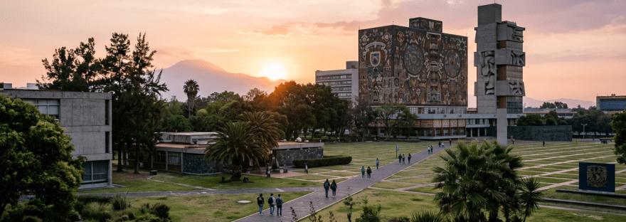 Students walking on pathways at UNAM campus with mural-covered buildings and setting sun.
