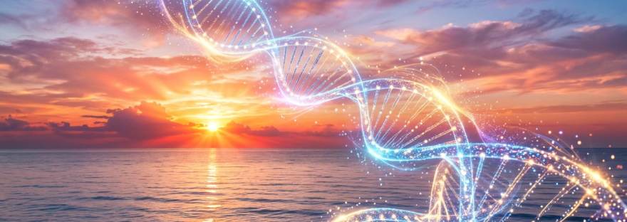 Glowing DNA double helix floating above ocean water at sunset