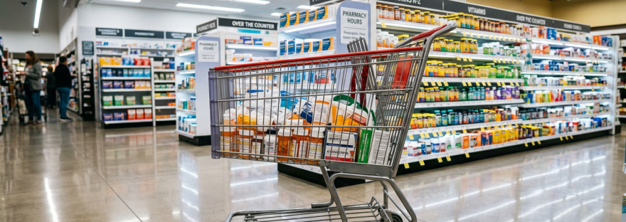 Shopping cart filled with prescription medication bottles in pharmacy aisle