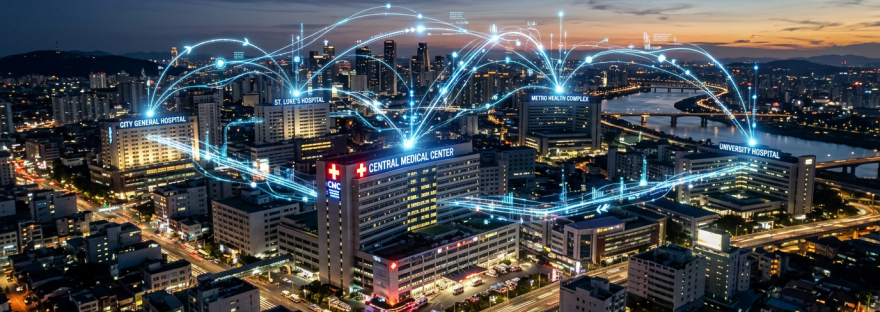 Cityscape of multiple hospitals connected by glowing digital lines representing network communication