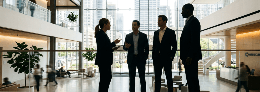 Four businesspeople standing and talking in a modern office lobby with large windows and city skyline background