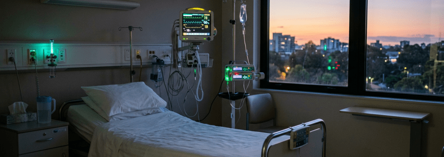 Empty hospital bed with medical monitors and IV drip near window at dusk