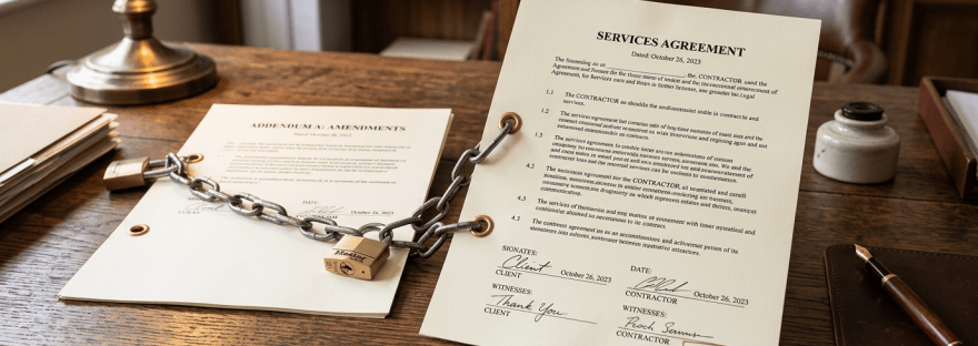 Two signed legal documents chained and padlocked together on a wooden desk