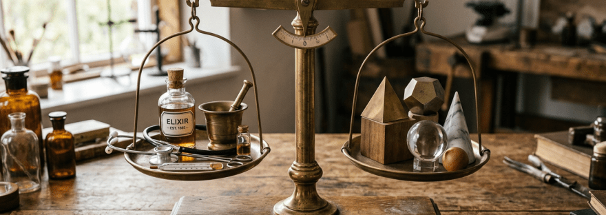 Antique balance scale with glass bottle labeled Elixir, mortar and pestle, and geometric shapes on either side
