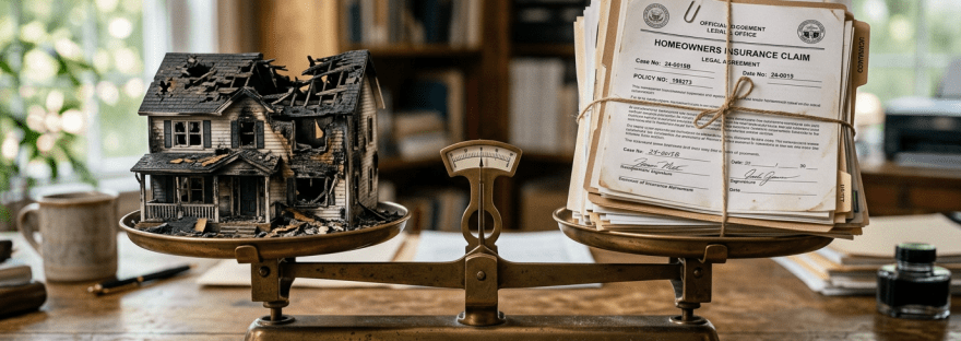 Burnt model house balanced against homeowners insurance claim papers on a scale