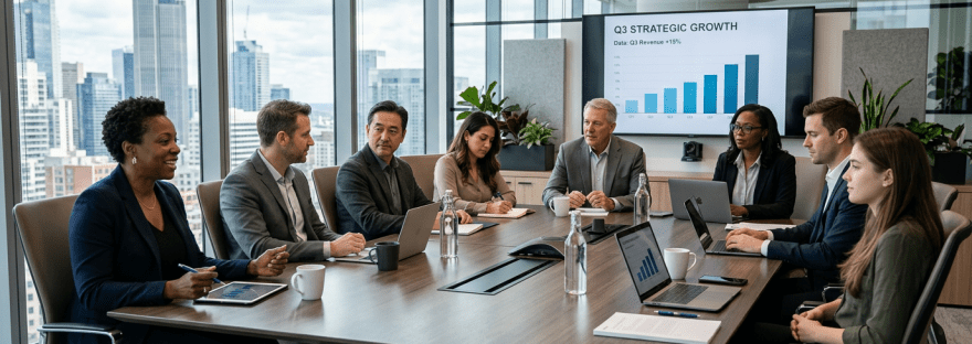 Business team in conference room reviewing Q3 strategic growth chart
