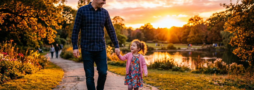 Father and daughter walking hand in hand on a park path at sunset