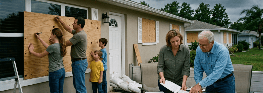 Family boarding up windows with plywood and reviewing emergency documents.
