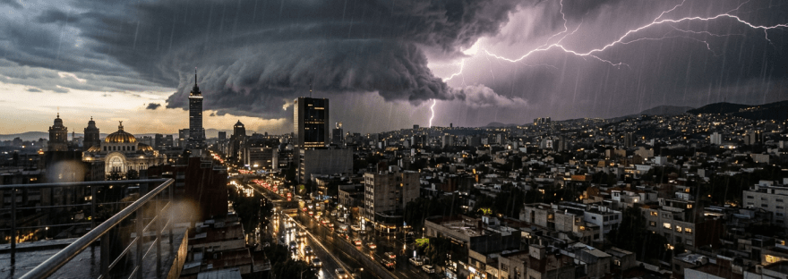 City skyline with dark storm clouds and lightning striking during rain at dusk