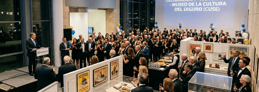Crowd attending the 20th anniversary event of the Insurance Culture Museum with speaker and exhibits