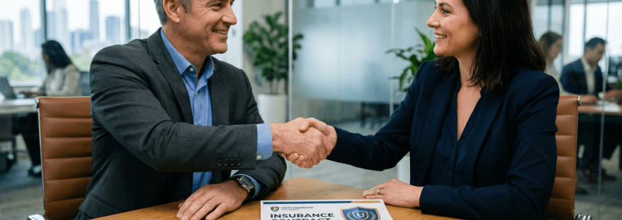 Two professionals shaking hands over an insurance contract on a wooden table
