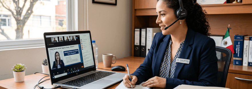 Woman wearing a headset taking notes during an online training session