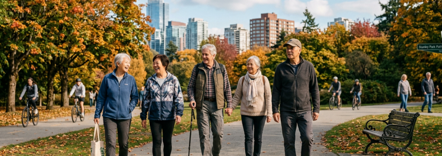 Five senior adults walking together on a park path with fall trees and city buildings in background