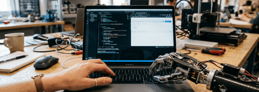 Human hand and robotic hand typing on a laptop keyboard with coding on screen