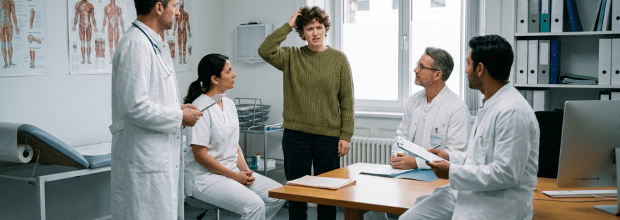 Patient standing and gesturing with four medical professionals in discussion around a table