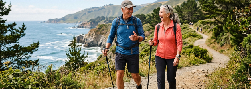 Older man and woman hiking on coastal path with hiking poles