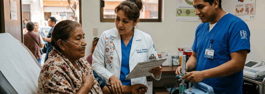 Elderly woman receiving blood pressure and oxygen saturation check by medical staff