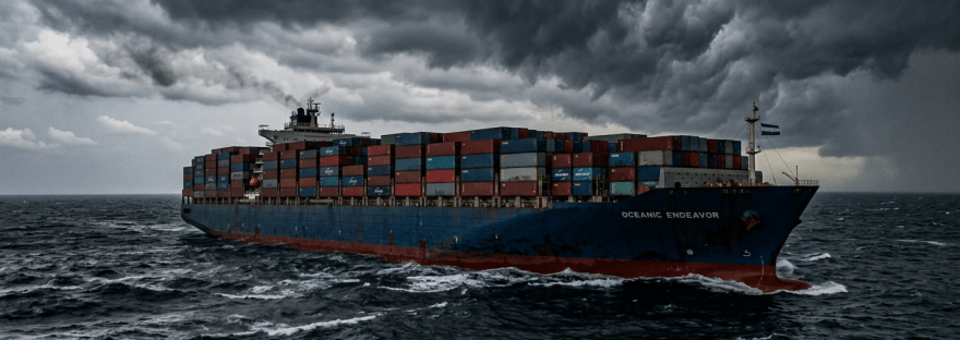 Cargo ship Oceanic Endeavor loaded with containers sailing in rough sea with dark storm clouds overhead