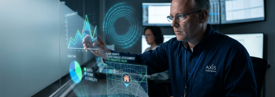 Insurance analyst using holographic data visualization for flood damage assessment