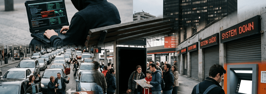 Hooded laptop user, traffic jam, stranded travelers, and ATM labeled SYSTEM DOWN