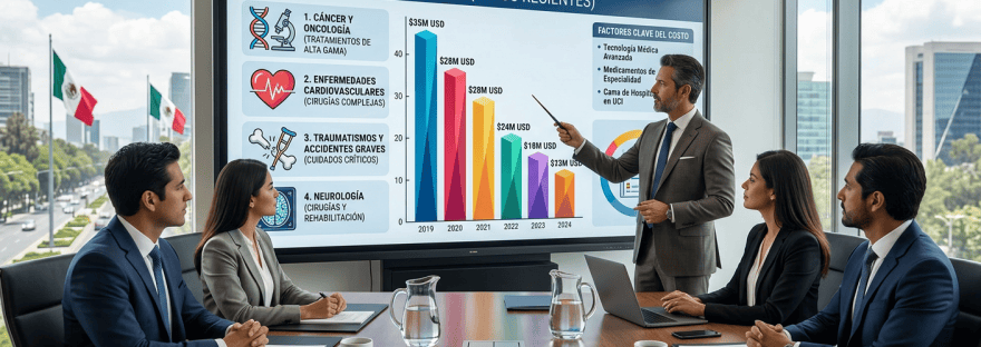 Executives reviewing a Spanish chart of Mexico’s costliest health claims