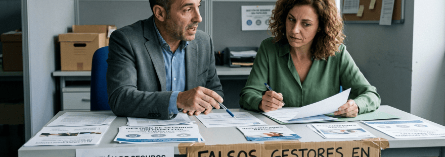 Dos personas revisan documentos; carteles advierten: “FALSOS GESTORES EN EL SECTOR ASEGURADOR” y “CUIDADO CON LAS ESTAFAS”.
