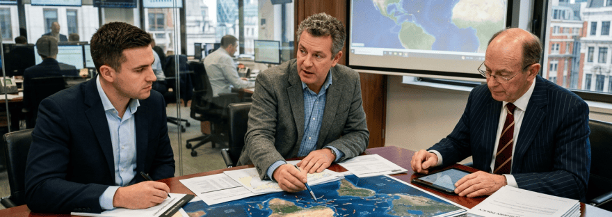 Three professionals reviewing maps and shipping data in an operations office