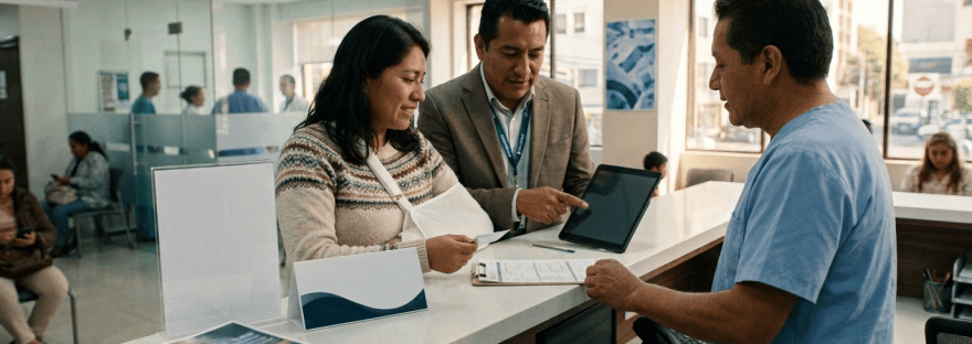 Insurance agent explaining medical claim support to a healthcare worker