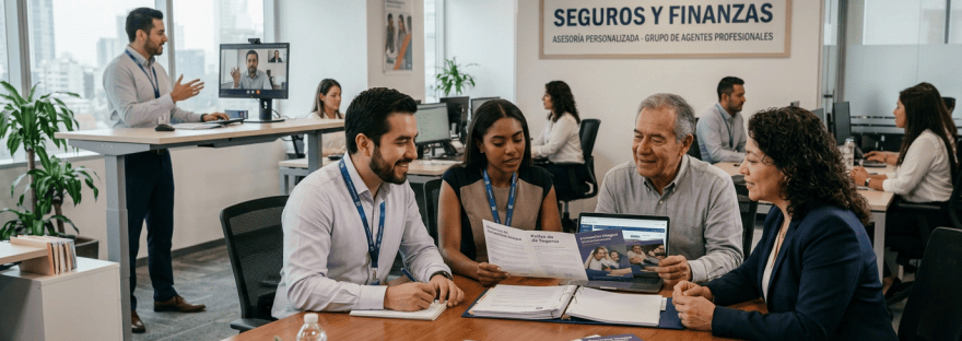 Insurance advisors meeting with clients beneath a “Seguros y Finanzas” sign